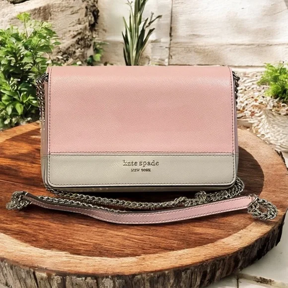 Kate Spade Pink & Grey Saffiano Leather Chain Crossbody Bag EUC - Picture 1 of 7